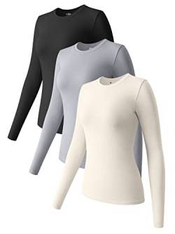 OQQ Damen-T-Shirt, 3-teilig, langärmelig, Rundhalsausschnitt, Stretch, eng anliegend, Unterhemden, Schwarz Grau Beige, Klein von OQQ