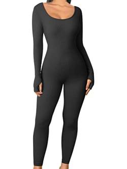 OQQ Damen Yoga Jumpsuits Einteiler Gerippt Workout Strampler Langarm Übung Jumpsuits, Black, Large von OQQ