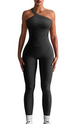 OQQ Damen Yoga Jumpsuits Workout Gerippte Einschulter Einteiler Sport Jumpsuits, schwarz, Medium von OQQ