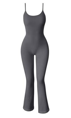 OQQ Frauen Yoga Jumpsuits Gerippt Übung Verstellbare Spaghetti-Streifen Tops Glockenhose Flare Jumpsuits, Dunkelgrau, Small von OQQ