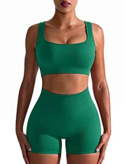 OQQ Workout-Outfits für Damen, 2-teilig, nahtlos, gerippt, hohe Taille, Leggings mit Sport-BH, Übungsset, Grün , Mittel von OQQ