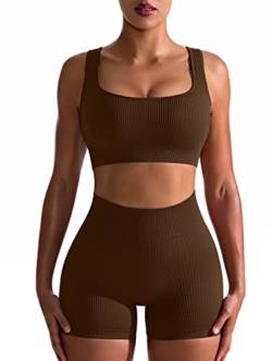 OQQ Workout-Outfit für Damen, 2-teilig, nahtlos, gerippt, hohe Taille, Leggings mit Sport-BH, Sport-Set, coffee, Mittel von OQQ