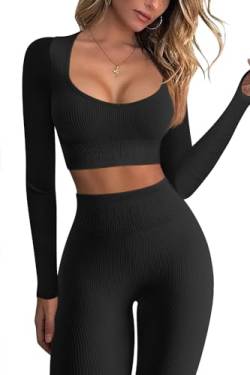 OQQ Workout-Outfits für Frauen, 2-teilig, nahtlos, gerippt, hohe Taille, Leggings mit langen Ärmeln, bauchfreien Tops, Übungsset, schwarz, Small von OQQ