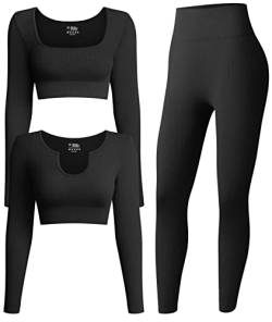 OQQ Workout-Outfits für Frauen, 3-teilig, nahtlos, gerippt, Yoga, hohe Taille, Leggings mit langen Ärmeln, bauchfreies Top, Übungsset, schwarz, Small von OQQ