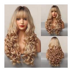 Perücke für Frauen, Cosplay, Party, hitzebeständig, Kunsthaar-Perücke, synthetische Ombre-Platinblond-Perücke, lange gewellte Perücke mit Pony für Frauen, Naturhaar-Perücke (LC5213) von OQRDVVTT