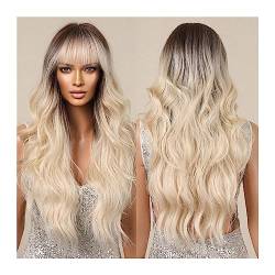 Perücke für Frauen, tägliche Cosplay-Party, natürliche hitzebeständige Fasern, lange gewellte synthetische Perücken mit Pony, Ombre-Platinblond-Braun-Perücken für Frauen, Naturhaar-Perücke (Perücke) von OQRDVVTT