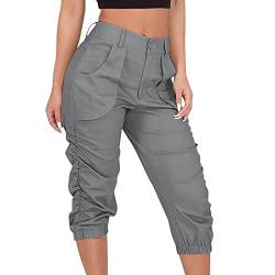 ORANDESIGNE 3/4 Hose Damen Cargohose mit Tasche Einfarbig Haremshose Sommerhose Caprihose Freizeithose Paperbag Hosen Pumphose Stoffhose Arbeitshose A Grau S von ORANDESIGNE