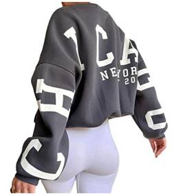 ORANDESIGNE A Grau Damen Oversized Sweatshirt Briefe Drucken Langarm Rundhals Pullover Warm Pulli Casual Bequem Teenager Mädchen Hoodie Sportbekleidung S von ORANDESIGNE