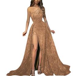 ORANDESIGNE Abendkleid Damen Lang Elegant Paillettenkleid Cocktailkleid mit einem Ärmel Hohe Taille Glitzerkleid A-Linie Ballkleider Maxilang A Gold L von ORANDESIGNE