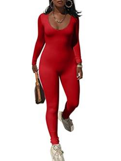 ORANDESIGNE B Rot Damen Yoga Jumpsuits Gerippter Gestrickter Quadratischer Kragen Schlanker Sexy Stretch Overall Langarm Sport Workout Figurbetontem Einteiliger Anzug XS von ORANDESIGNE