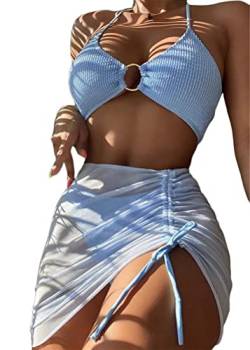 ORANDESIGNE Bademode Dreiteiliges Set Damen Geteilter Badeanzug Push Up Bikini Set Neckholder Bikini Oberteil + Bikini Tanga + Röcke Bikini 3 Teiliges Set Beachwear Badeanzug A Hellblau S von ORANDESIGNE