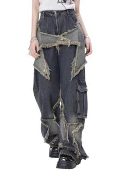 ORANDESIGNE Baggy Jeans Damen Jeans Hose mit Hoher Taille Y2K Style Harajuku E-Girl Streetwear Hose Casual Baggy Vintage Denim Hose Freizeit Loose Gerade Hosen G Blau L von ORANDESIGNE