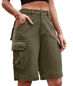 ORANDESIGNE Bermuda Shorts Damen Knielang Jeans Elegant Cargo Hose Baggy Denim Hosen Y2k Boyfriend Jeans Locker High Waist Demin Hose Mit Tasche Dunkel Khaki L von ORANDESIGNE