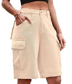 ORANDESIGNE Bermuda Shorts Damen Knielang Jeans Elegant Cargo Hose Baggy Denim Hosen Y2k Boyfriend Jeans Locker High Waist Demin Hose Mit Tasche Khaki XXL von ORANDESIGNE