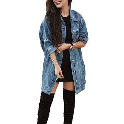 ORANDESIGNE Blau Taschen Einreiher Zerrissene Langarm Boyfriend Oversize Jeansjacke Damen Mode L von ORANDESIGNE