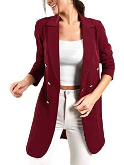 ORANDESIGNE Blazer Damen Elegant Tailliert Lang Business Outfit Sexy Slim Fit V Ausschnitt Tief Anzugjacke Büro Longblazer Sommer Mantel Jacke Anzug C Rotwein XXL von ORANDESIGNE