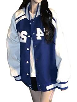 ORANDESIGNE Bomberjacke Damen Sweatjacke College Sweatjacket Oversized Patchwork Jacke Vintage Druck Jacken Baseball Mantel Sport Jacke H Blau S von ORANDESIGNE