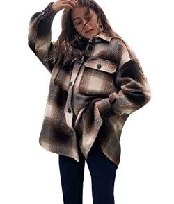 ORANDESIGNE Braun Kariertes Knöpfen Taschen Oversize Bluse Mantel Jacke Hemdjacke Holzfällerjacke Damen Mode von ORANDESIGNE
