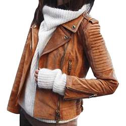 ORANDESIGNE Braun Reißverschluss V-Ausschnitt Langarm Warme Wildleder Mantel Bikerjacke Lederjacke Damen Mode Jacke S von ORANDESIGNE
