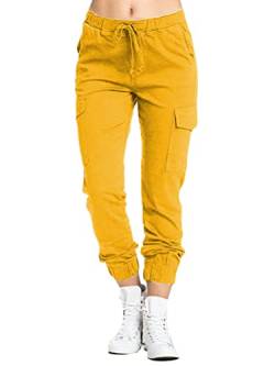 ORANDESIGNE Cargohose Damen Stretch Slim Fit Lang Hosen Elegant Sommer Bleistifthose Casual Cargoi Chino Lässige Freizeithose mit Multi Taschen Bequeme Casual Sommerhose Jogginghose B Gelb XXL von ORANDESIGNE