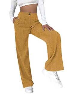 ORANDESIGNE Cordhose Damen Weites Bein Hohe Taille Gerade Freizeithose Teenager Straight Corduroy Trousers Lockere Vintage Einfarbig Slim Fit Hosen mit Taschen A Khaki M von ORANDESIGNE