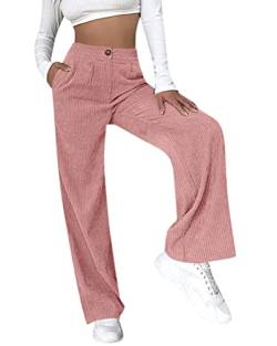 ORANDESIGNE Cordhose Damen Weites Bein Hohe Taille Gerade Freizeithose Teenager Straight Corduroy Trousers Lockere Vintage Einfarbig Slim Fit Hosen mit Taschen A Rosa XS von ORANDESIGNE