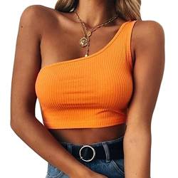 ORANDESIGNE Crop Top Damen Sexy Oberteile Bauchfrei Eng Eine Schulter Tanktop Einfarbig Stricktop Kurz Ribbed Tank Shirt Streetwear Cutout Camisole Top Tshirt A Orange M von ORANDESIGNE