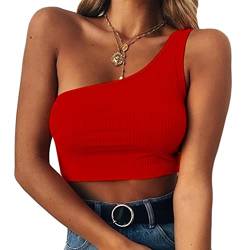 ORANDESIGNE Crop Top Damen Sexy Oberteile Bauchfrei Eng Eine Schulter Tanktop Einfarbig Stricktop Kurz Ribbed Tank Shirt Streetwear Cutout Camisole Top Tshirt A Rot M von ORANDESIGNE