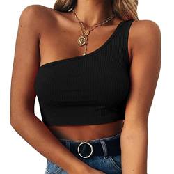 ORANDESIGNE Crop Top Damen Sexy Oberteile Bauchfrei Eng Eine Schulter Tanktop Einfarbig Stricktop Kurz Ribbed Tank Shirt Streetwear Cutout Camisole Top Tshirt A Schwarz L von ORANDESIGNE