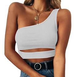 ORANDESIGNE Crop Top Damen Sexy Oberteile Bauchfrei Eng Tanktop Einfarbig Stricktop Kurz Ribbed Tank Trägershirts Streetwear Cutout Camisole Top Tshirt C Weiß M von ORANDESIGNE