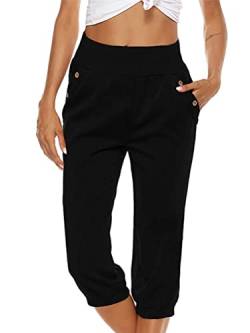 ORANDESIGNE Damen 3/4 Hose Sommer Casual Yoga Capris Crop Hose Elastische Taille mit Knopf Baggy Weite Hose Lose Caprihose Jogginghose Sweathose mit Kordelzug C Schwarz XXL von ORANDESIGNE