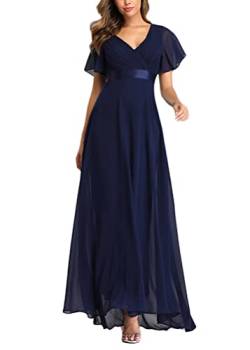 ORANDESIGNE Damen Abendkleid A-Linie V-Ausschnitt Kurzarm Chiffon Hohe Taille Rundkragen Spitze Empire A-Linie Elegant Chiffon Bodenlang Brautjungfernkleider A Navy Blau S von ORANDESIGNE