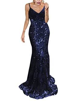 ORANDESIGNE Damen Abendkleid Sommerkleid Sexy Festliche Kleider Abschlussball Kleider Langkleid A Linie Spaghetti Kleid Cocktailkleid Elegant Abendkleider G Navy Blau L von ORANDESIGNE