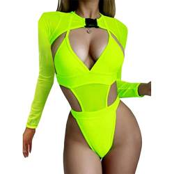 ORANDESIGNE Damen-Badeanzug, 2-teilig, Neon-Rave-Outfit, sexy, niedrig geschnitten, mit Y2K-Langarm-Bikini, Clubwear A Grün L von ORANDESIGNE