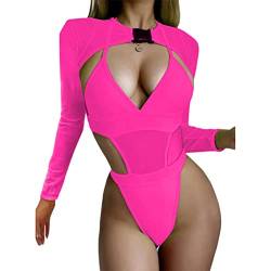 ORANDESIGNE Damen-Badeanzug, 2-teilig, Neon-Rave-Outfit, sexy, niedrig geschnitten, mit Y2K-Langarm-Bikini, Clubwear A Rose M von ORANDESIGNE