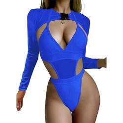 ORANDESIGNE Damen Badeanzug 2-Teilig Neon Rave Outfit Sexy Niedrig Geschnitten mit Y2K Langarm Crop Top Cover-up Bikini Clubwear A Blau L von ORANDESIGNE