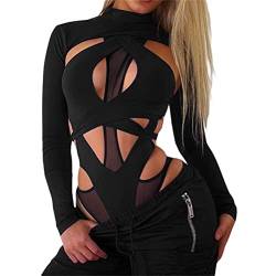 ORANDESIGNE Damen Badeanzug 2-Teilig Neon Rave Outfit Sexy Niedrig Geschnitten mit Y2K Langarm Crop Top Cover-up Bikini Clubwear D Schwarz L von ORANDESIGNE