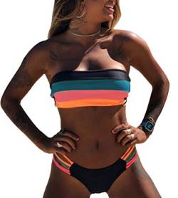 ORANDESIGNE Damen Bandeau Bikini Set Abnehmbar Neckholder Gepolstert Badeanzug Badeanzüge A Blau 44 von ORANDESIGNE