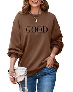 ORANDESIGNE Damen Baumwoll Sweatshirt Basic Pullover Briefe Drucken Langarm Rundhals Pulli Casual Oberteil Sport Streetwear Ohne Kapuze Bluse Tops Mädchen Sportbekleidung Casual Top A Dunkelbraun L von ORANDESIGNE