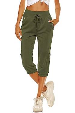 ORANDESIGNE Damen Baumwolle Leinen Capri Haremshose 3/4 Länge Pumphose Baggy Leichte Sommerhose Hohe Taille Kurze Pluderhose Yogahosen Bequeme Freizeithose B Grün M von ORANDESIGNE