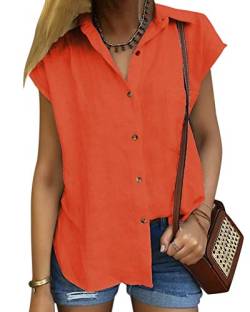 ORANDESIGNE Damen Bluse Sommer Shirt Kurzarm Hemd Tops Oberteile Frauen Hemdbluse Elegant T-Shirt Lässige Mode Button V-Ausschnitt Einfarbig Blusen Orange DE 38 von ORANDESIGNE