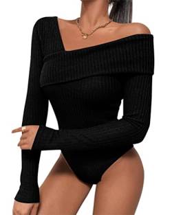 ORANDESIGNE Damen Body Sexy Asymmetrischer Ausschnitt Waffelstrick Tee Bodysuit Rippenstrick Herbst T-Shirt Bodies Langarmshirt Slim Trägerlos Schlank Einteilige Oberteile Clubwear A Schwarz L von ORANDESIGNE