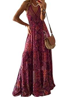 ORANDESIGNE Damen Bohemian Kleid Strandkleid Vintage Kleid Blumenmuster Langes Sommerkleider Dekoltee V-Ausschnitt Boho Rückenfreies A-Linien Kleid Maxikleid C Weinrot XL von ORANDESIGNE