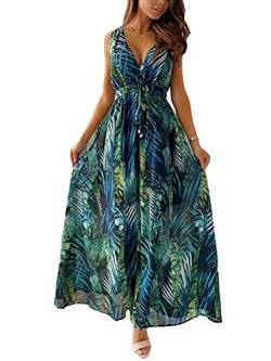 ORANDESIGNE Damen Boho Lange Kleider V-Ausschnitt Sommerkleider Kurzarm Wickelkleid Maxikleid Vintage Strandkleid mit Schlitz 01 Grün 42 von ORANDESIGNE