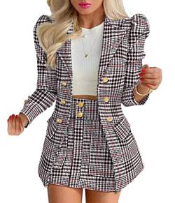 ORANDESIGNE Damen Business 2-teiliger Anzug Rock Anzug Zweiteiler Elegant Einfarbig Anzug Set Puffärmel Blazer Anzugjacke und A-Linie Rock B Schwarz Weiß S von ORANDESIGNE