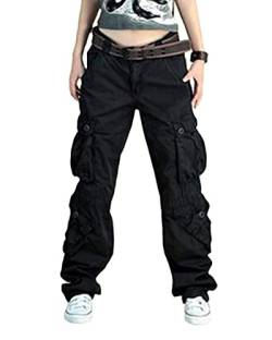 ORANDESIGNE Damen Cargo Hose, Frauen Armee Militär Beiläufig Ladung Keuchen Hosen mit Multi Taschen Mode Loose Fit Casual Hosen High Waist Bequem Jogginghose B Schwarz S von ORANDESIGNE