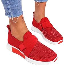 ORANDESIGNE Damen Casual Sneakers Trainer Dickbesohlige Casual Slip-on Einfarbig Strass Licht Atmungsaktive Walking Jogging Outdoor Flache Schuhe Rot 40 EU von ORANDESIGNE