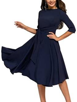 ORANDESIGNE Damen Cocktailkleid Elegantes Vintage Kleid V Ausschnitt 3/4 Ärmel Midikleid Partykleid A-Linie Abendkleid Swing Kleid Y Navy Blau 42 von ORANDESIGNE