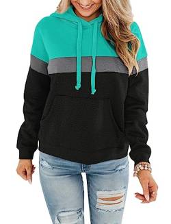ORANDESIGNE Damen Color Block Hoodies Tops Casual Langarm Leicht Pullover Sweatshirts mit Tasche, Mintgrün-anthrazit-schwarz, Medium von ORANDESIGNE