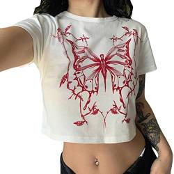 ORANDESIGNE Damen Crop Tops Skelett Grafik Lässig T-Shirt Rundhals Schlanke Frauen Y2K Graphic Print T-Shirt Gothic Punk Casual Kurzarm Crop Tee Vintage Shirts Harajuku Streetwear S Weiß L von ORANDESIGNE